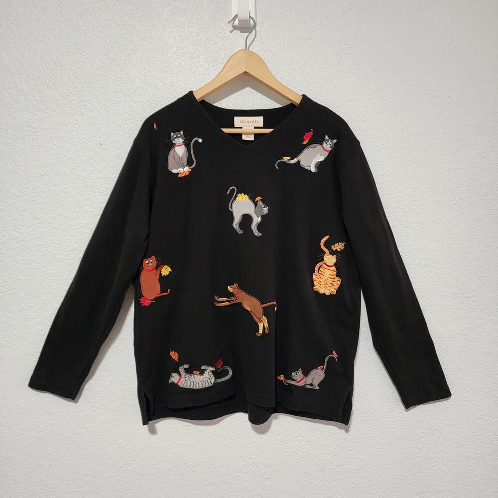 Bechamel Vintage Black Cat & Autumn Leaves Embroidered V Neck Shirt Large
